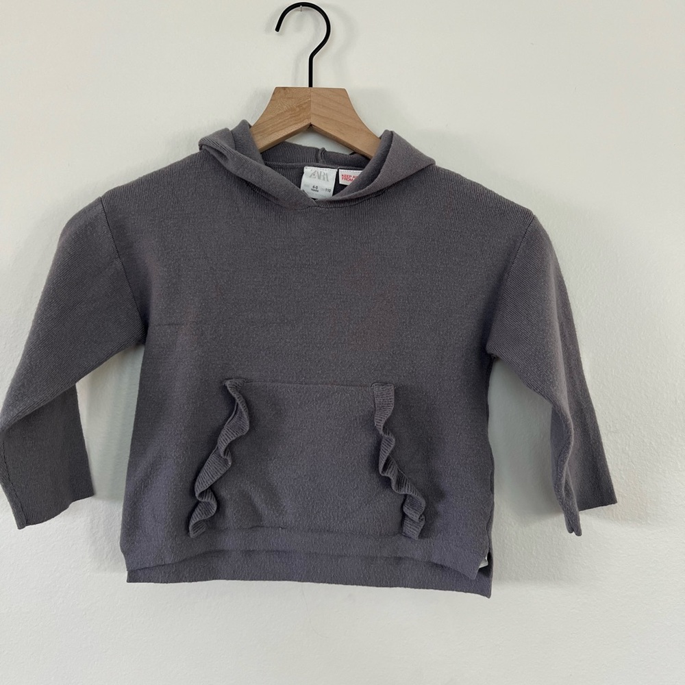 Zara Girls Gray Hooded Knit Sweater with Ruffle Pocket